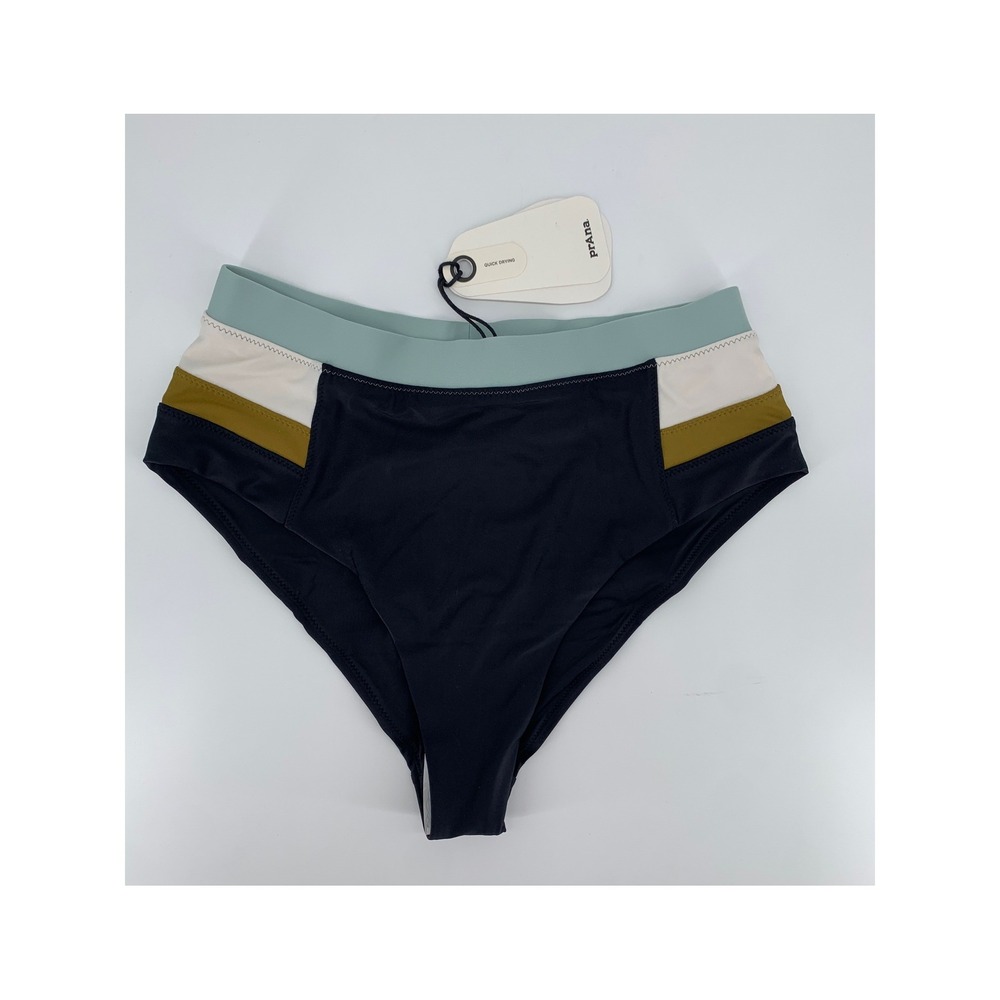 Prana Swim Botton Womens Small Black Blue Baja Bound High Rise Bikini‎ Beach NEW